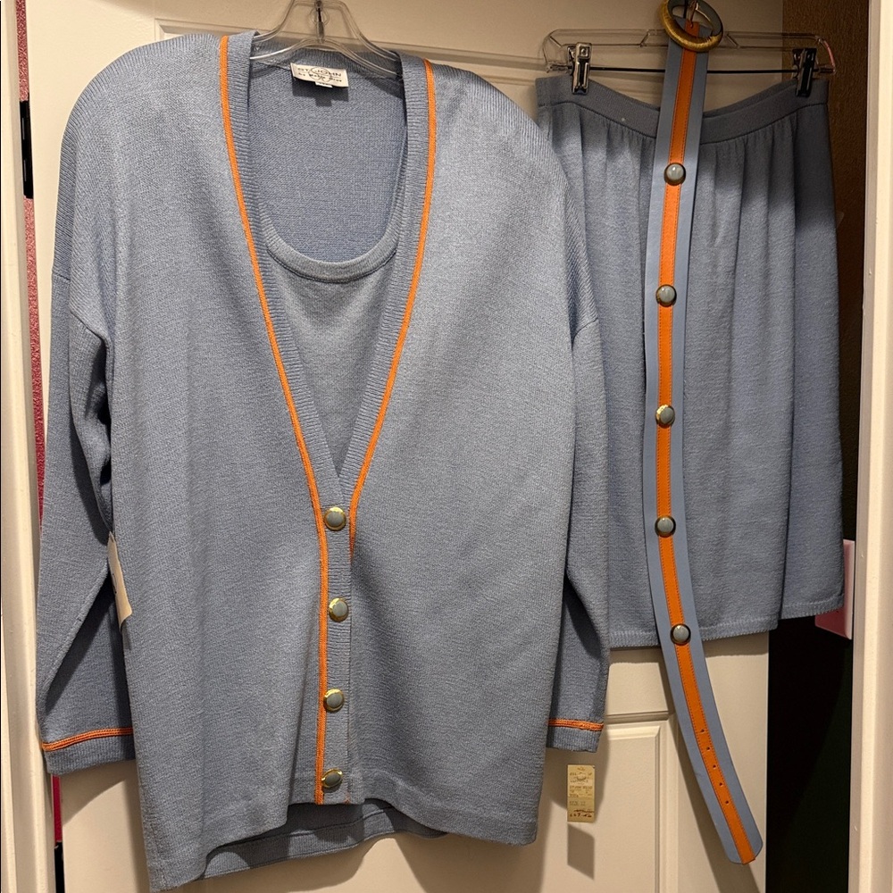 Vintage St. John ice Blue Cardigan, cami and Skirt Set with Tangerine Trim.